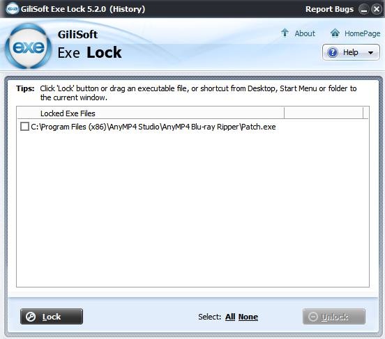 главное окно программы GiliSoft Exe Lock